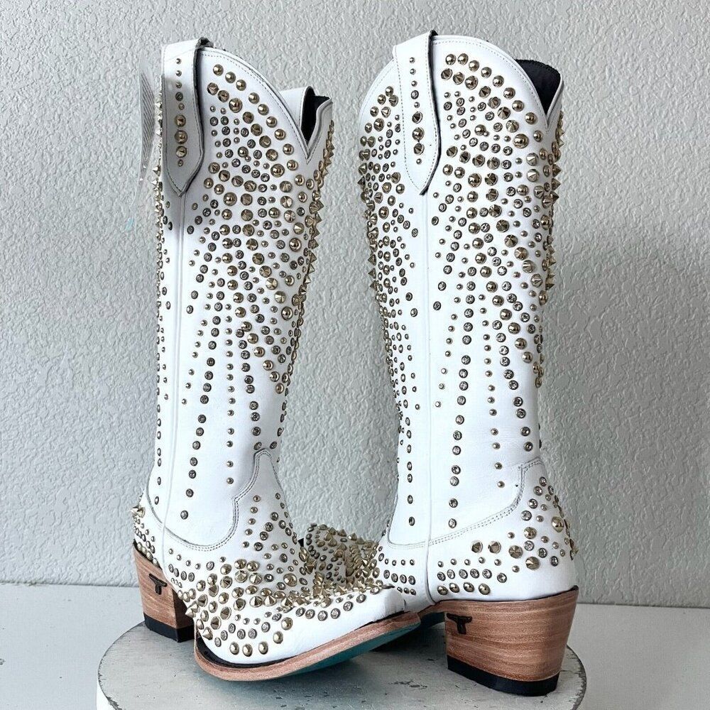 Lane DOLLY Cowboy Boots White Studded Leather Western Snip Toe Tall Womens 6